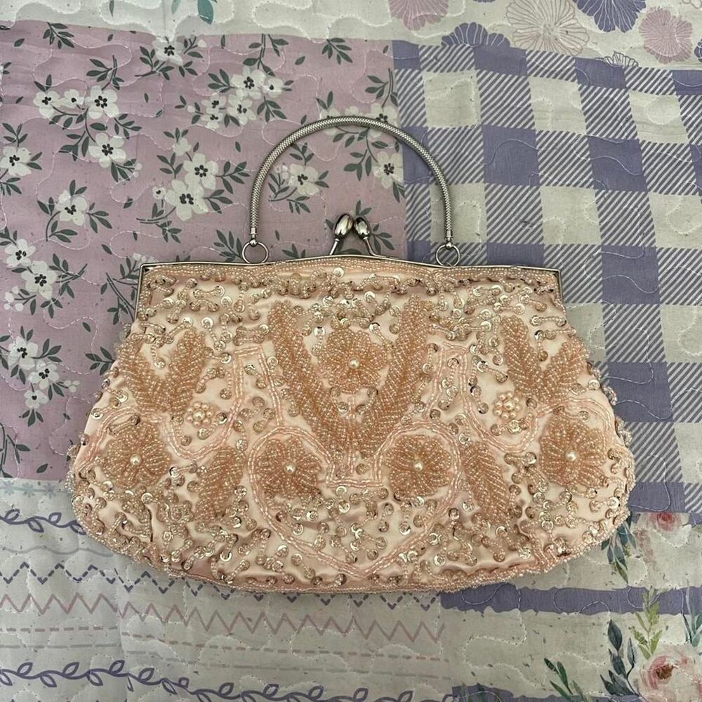 VINTAGE BLUSH PINK BEADED SATIN EVENING BAG CLUTCH PURSE